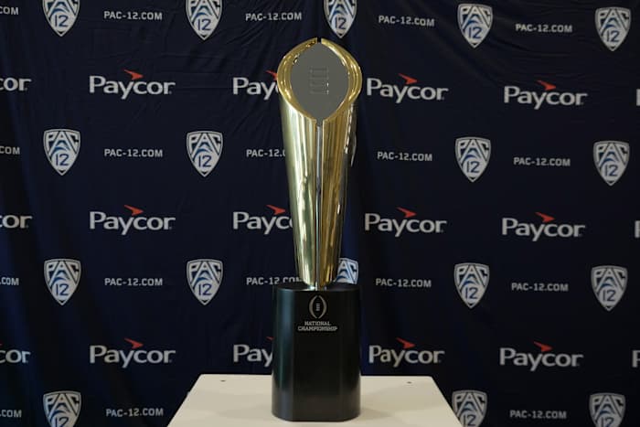 Jul 21, 2023; Las Vegas, NV, USA; The College Football Playoff (CFP) national championship at Pac-12 Media Day at Resorts World Las Vegas. (Kirby Lee / USA TODAY Sports).